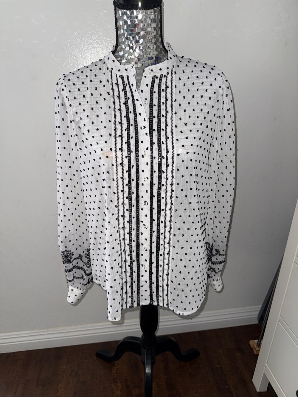 White House Black Market White Blouse with Black Dot & Embroidered Trim